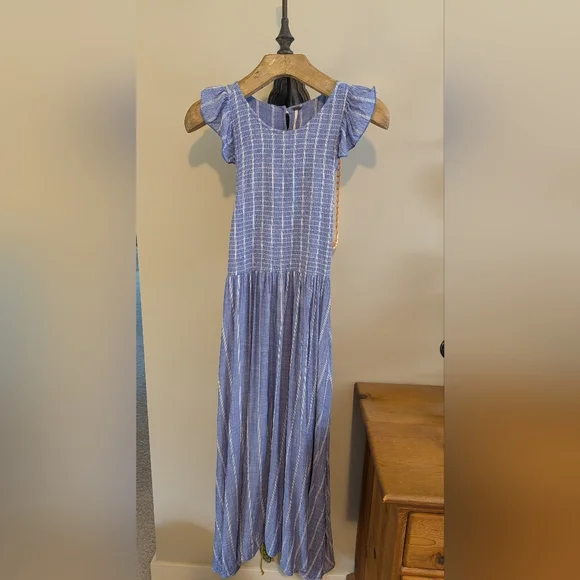 Free People Chambray Striped Dress Pastel Blue Smocked Waist Ruffle - Picture 4 of 7